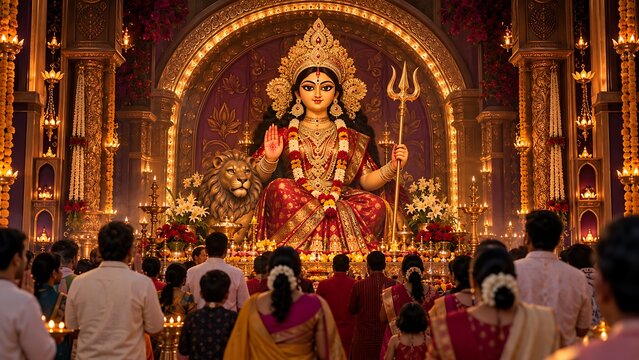 Devotees praying before goddess durga idol inside grand pandal temple decoration during navratri festival celebration vector illustration artwork
