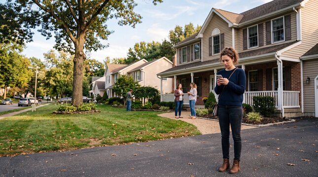 Group of neighbors gathered in a peaceful suburban street neighborhood engaging in casual morning conversations while standing outside family homes