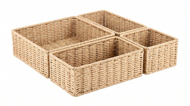 Set of four woven storage baskets in various sizes arranged on a white background for organization and decluttering white background