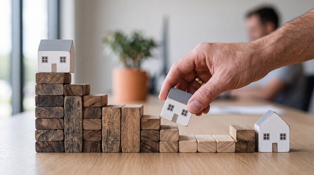 Hand placing small house model on top of wooden block stairs to represent financial growth in real estate investment and property market