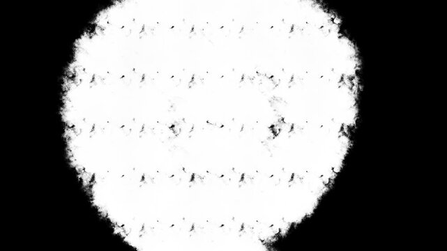 Textured oval ink blot wipe transition expanding white paint effect on black background.