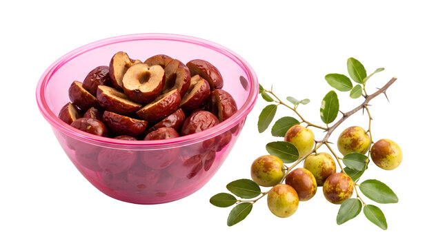 Fresh jujube fruits on a branch next to a pink bowl filled with sliced red dates