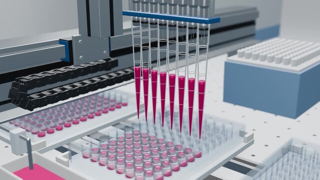 Pipetting robot filling a 96 well plate with reagent column by column in an automated laboratory, loop