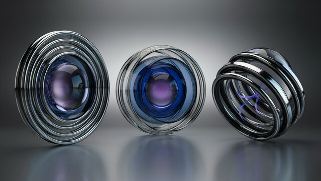 Three abstract spherical made of metallic rings and glass lenses with purple and blue light reflections on a smooth grey surface background
