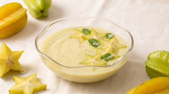 Creamy lemon mousse with citrus slices and star fruit garnished with mint leaves served in a glass bowl for refreshing summer dessert inspiration healthy tropical cuisine and festive seasonal