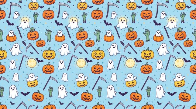 Seamless pattern with halloween icons like pumpkins, ghosts, scythes, bats, and zombie hands on a light blue background