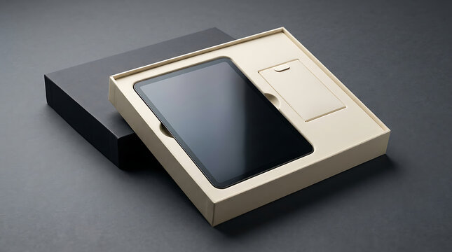 Tablet device in a cardboard packaging box with foam insert, presented on a dark gray surface with a black lid nearby