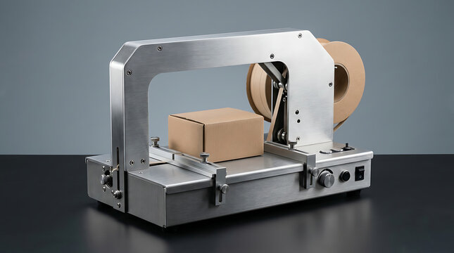 Industrial metal strapping machine with a roll of brown packaging tape and a small cardboard box on its platform, ready for shipping