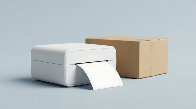 Modern white label printer with a sheet of white paper emerging, placed next to a brown cardboard shipping box on a light blue background