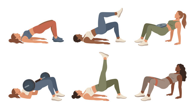 Vector collection of diverse women performing glute bridge and hip thrust variations with gym equipment including barbell and resistance bands for fitness training.