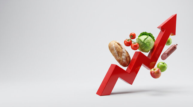 Inflation economy red arrow shows rising food price pressure and financial concern. Financial crisis recession. stock price increase falling, bankruptcy risk loss, chart graph statistic