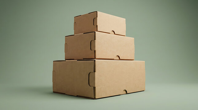 Stack of three brown cardboard boxes of varying sizes, arranged in a pyramid formation on a light green background, ready for shipping