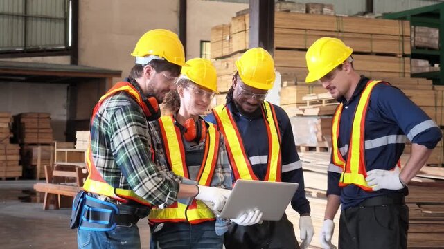 Diverse industrial workers in protective equipment gather around a laptop to review plans inside a busy wood processing factory surrounded by stacked lumber.