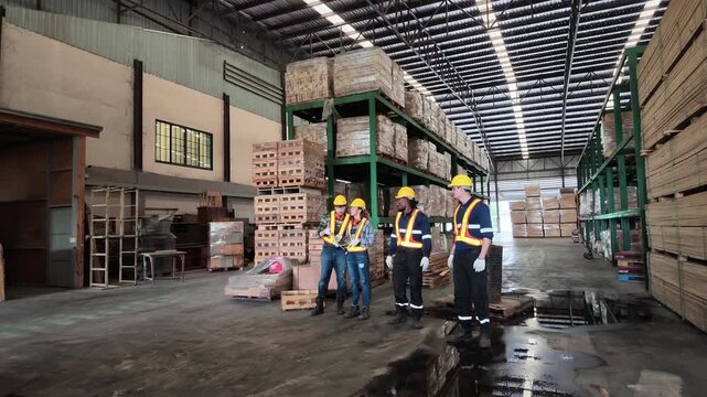 Four workers in safety helmets and reflective vests inspect stacked timber and wood materials inside a spacious industrial warehouse.