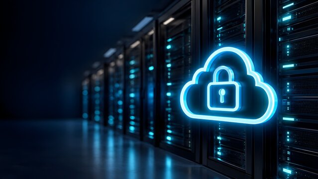 Illuminated cloud lock icon hovering in a high tech server farm showing cyber security and secure database infrastructure
