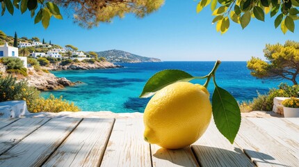 Fototapeta premium Fresh yellow lemon with green leaves sits on white wooden table. Mediterranean sea view with turquoise water, coastal town in background. Sunny summer day on Greek island terrace with bright blue