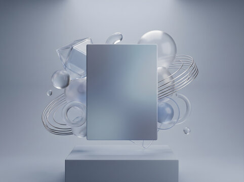 Modern minimalist product display podium with futuristic geometric abstract shapes and ada signage concept backdrop