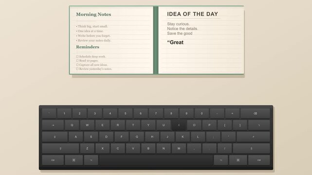 Top view notebook and keyboard typing as an inspiring quote appears on the page, symbolizing note taking, creativity, productivity and capturing important ideas in a clean modern workspace animation.