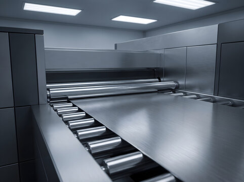 Industrial metal sheet production line featuring modern ada signage equipment inside a heavy manufacturing plant