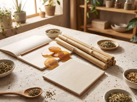 Natural workspace setup featuring ada signage elements, bamboo stalks, botanical ingredients, and a notebook