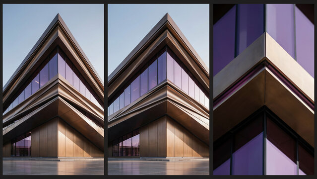 Three close-up architectural views of a building corner with sharp geometric angles, metallic bronze cladding, and reflective purple tinted glass