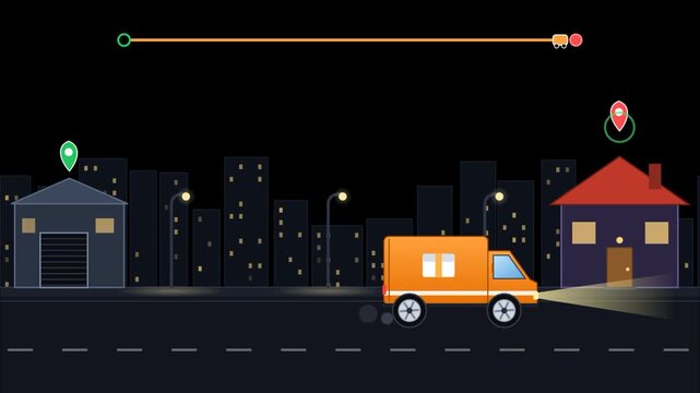 Orange delivery van driving across a nocturnal city street in a vector animation