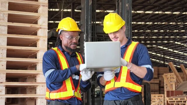 Two industrial workers in safety gear collaborate on a laptop inside a timber factory, reviewing production operations among stacked wooden pallets and materials.