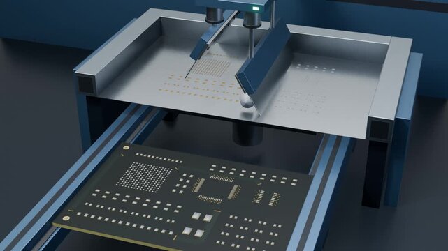 Solder paste printed onto a circuit board as a squeegee sweeps the steel stencil, deposits left on every pad, loop