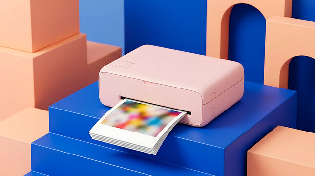 A small pink portable printer with a emerging from the slot, placed on a stack of blue geometric blocks with peach-colored cubes in the background, technology gadget, instant printer, equipment