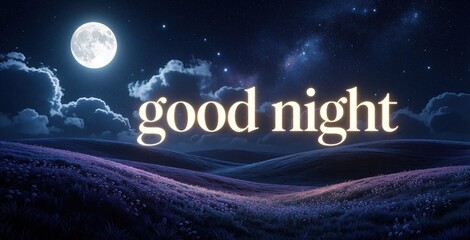 Fototapeta premium Luminous full moon shines over dark rolling hills at night. Glowing text says good night in starry sky with clouds, galaxy. Serene landscape scenery with purple flowers under midnight blue twilight