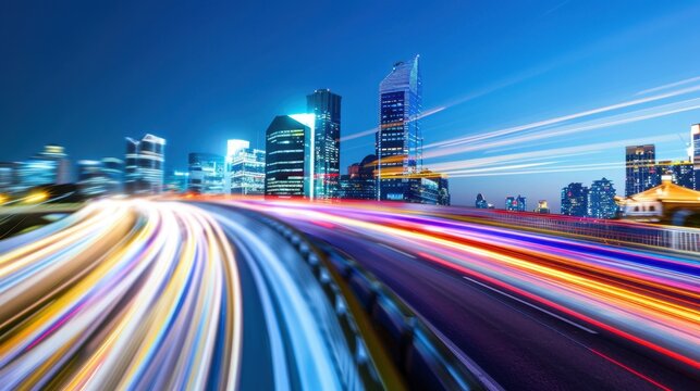 Urban Skyline with Dynamic Light Trails at Dusk, Capturing the Energy of City Life and Modern Architecture