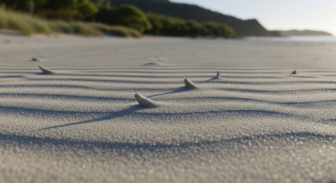 Rippled sand surface with small objects casting long shadows on a sunny day