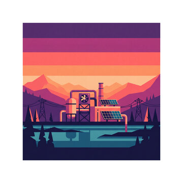 Flat Vector Illustration of Modern Carbon Capture Machinery and Sustainable Landscape