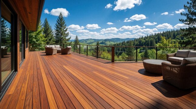 Panoramic view of luxury wooden deck with ipe wood flooring. Modern outdoor patio features stylish wicker lounge furniture, glass railing. Beautiful mountain landscape with green forest, blue sky