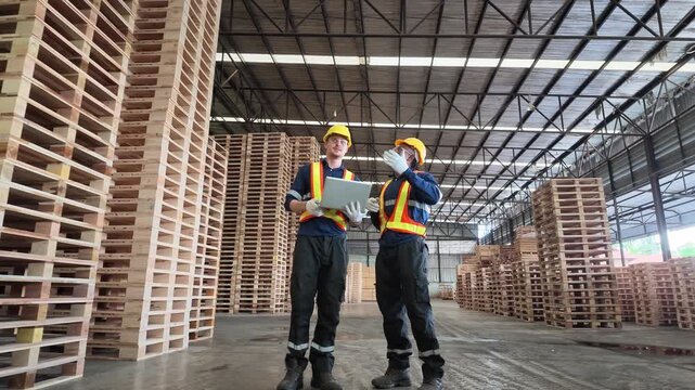 Two factory engineers in safety gear review production details on a laptop while inspecting stacks of wooden pallets inside a spacious industrial warehouse.