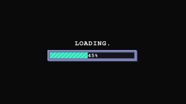 Retro 8-Bit Loading Progress Bar Animation with Pixelated Cyan and Green Segments for Gaming Interfaces