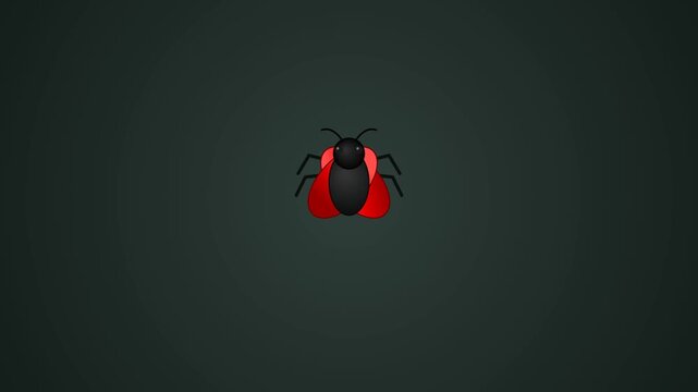 High quality 3D animation of a front-facing beetle with bright red wings opening and flapping before flying upward, featuring polished geometry, smoot.