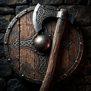 Medieval viking axe leans against round wooden shield on dark stone wall. Ancient norse weaponry with celtic knot engraving. Rustic combat equipment for historical reenactment fantasy game setting.