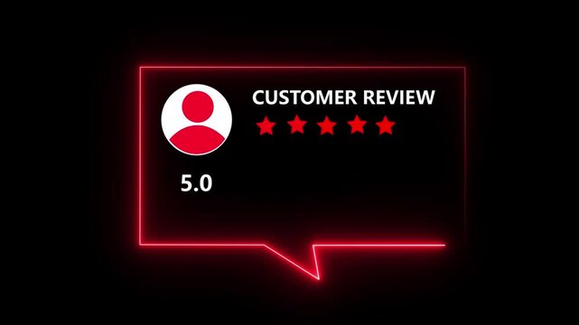 Glowing Neon Customer Review Interface with Five Star Rating and User Feedback Concept on Black Background.