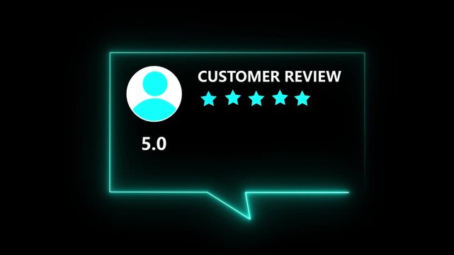 Glowing Neon Customer Review Interface with Five Star Rating and User Feedback Concept on Black Background.