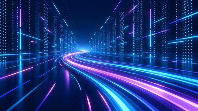 High speed digital data flow tunnel with glowing neon light trails representing fiber optic network transmission and cyberspace server infrastructure