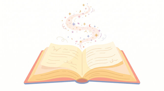 Whimsical vector illustration of an open fairytale book with swirling magic dust, glowing stars, and crescent moons rising from the pages, isolated on a white background.   