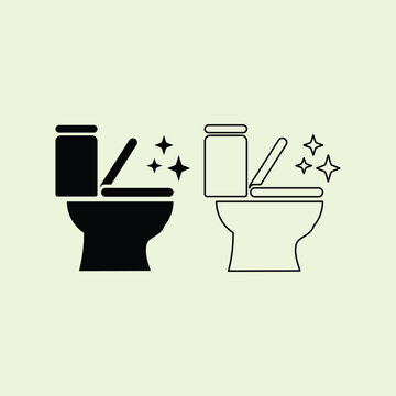 Minimalist graphic illustration of a clean toilet bowl icon set in solid silhouette and line art styles with sparkles. Ideal for bathroom hygiene and app UI design.