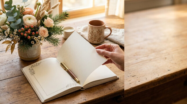 New year journal on wooden table with winter flowers and coffee mug