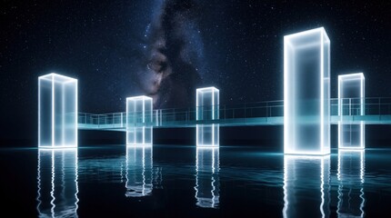 Fototapeta premium Futuristic neon pillars, bridge stand over dark calm water at night. Glowing blue light structures reflect in ocean surface under starry milky way sky. Abstract digital landscape with geometric