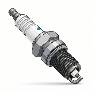 AI-generated technical illustration of a single automotive spark plug with a ceramic insulator, threaded metal body, and electrode, ideal for engine education, repair manuals, and parts catalogs.