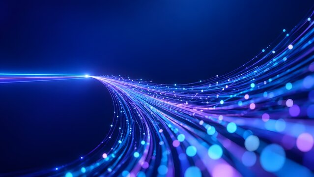 Abstract fiber optic light trails converging into a fast glowing neon data stream illustrating rapid network transmission and futuristic internet connectivity