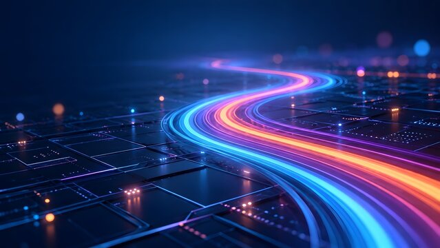Curved glowing neon data streams flowing over a futuristic circuit board representing high speed network transmission and advanced digital infrastructure