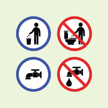 Minimalist graphic illustration of a sign set featuring trash bin, toilet prohibition, water tap, and water saving icons. Ideal design element for bathroom and app UI.