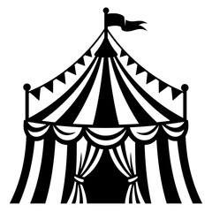 Black silhouette of striped circus tent with flag and pennants, bold vector design symbolizing festivity, performance, and classic entertainment. © Suriya